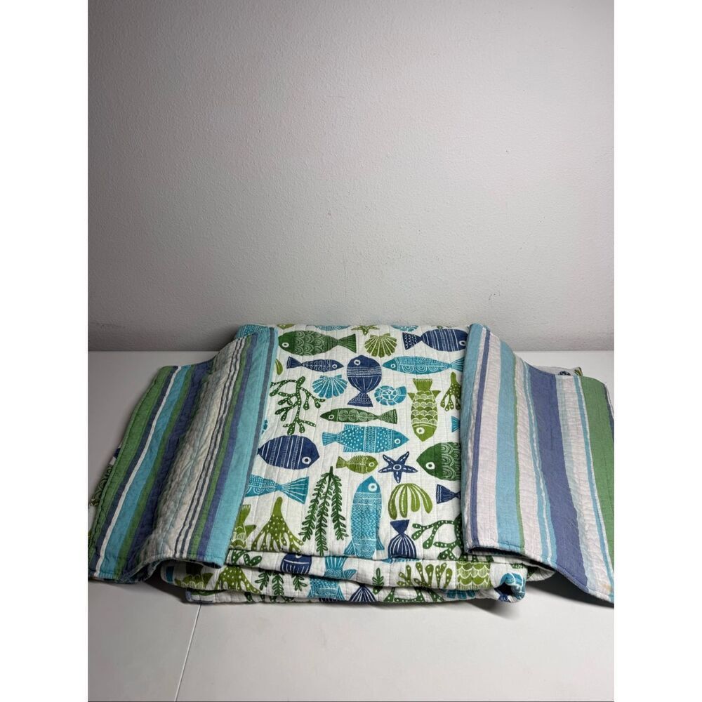 Vintage Sea Life Reversible Cotton Quilt 89”x89” 3 Piece Set See Description